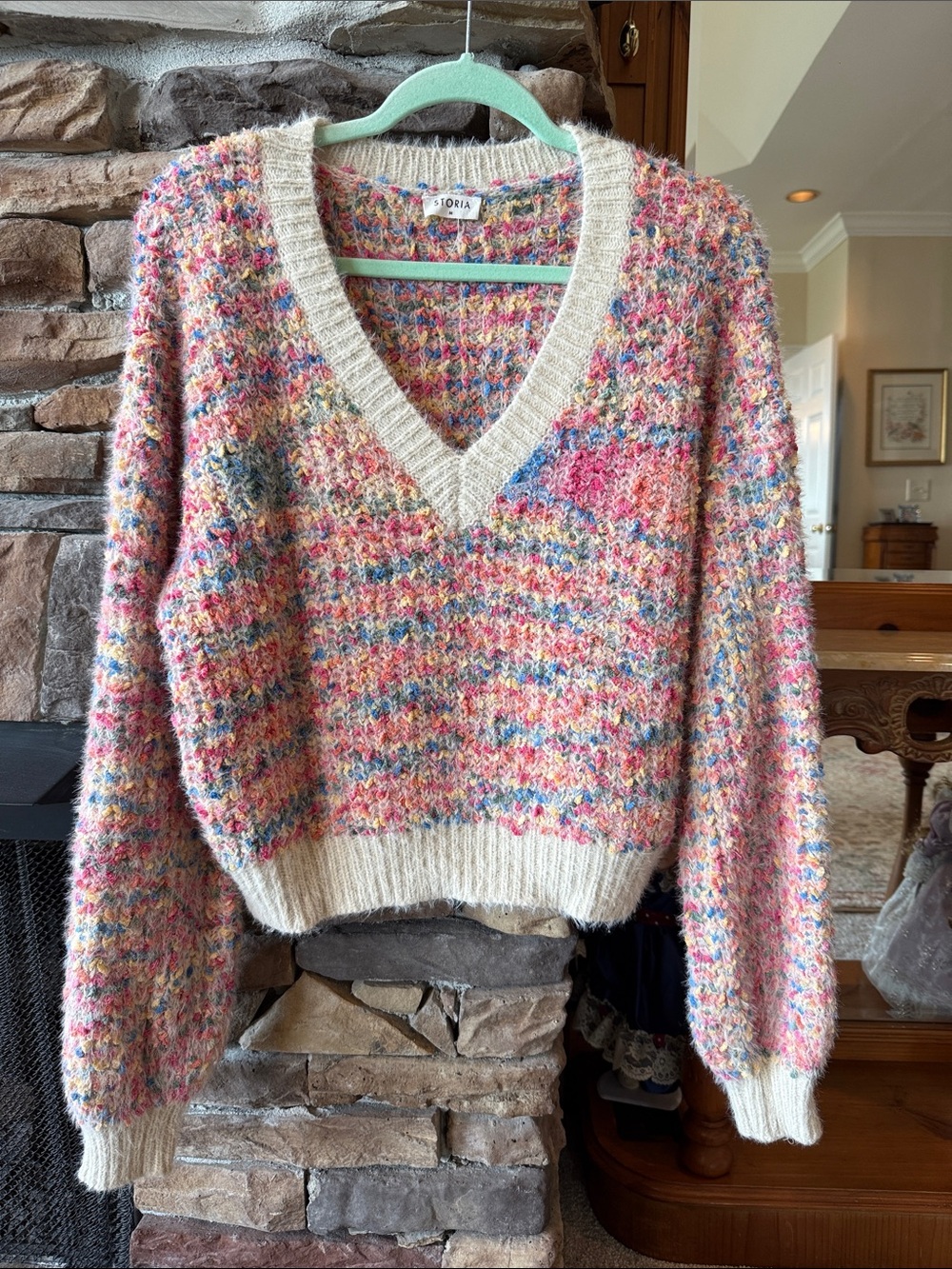 Storia Multicolor Bouclé V-Neck Sweater with Cream Trim